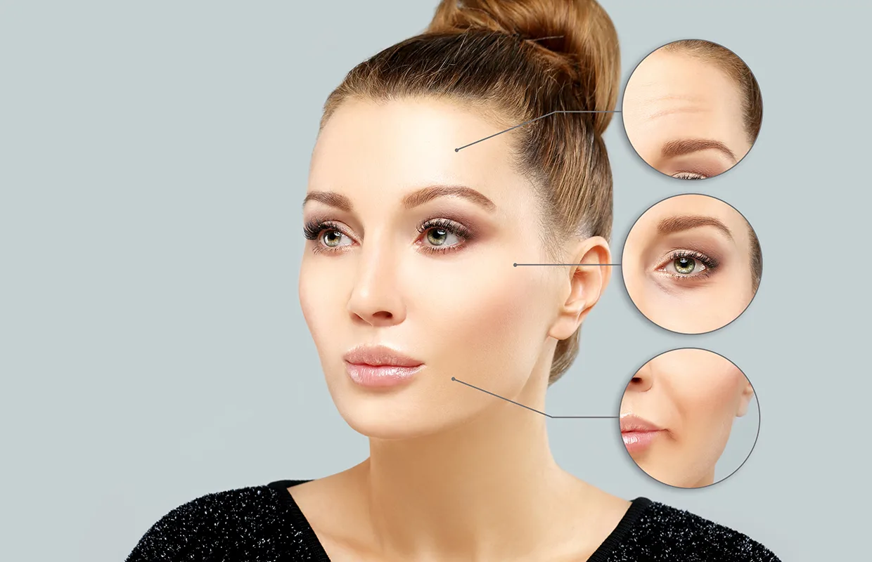 Aspects of aging on woman's face diagram